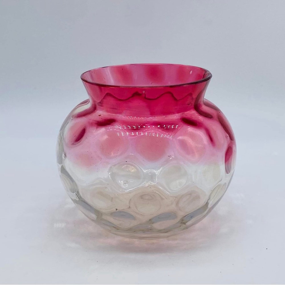 c.1880 Antique Bohemian HARRACH Rubina Thumbprint Glass Rose Bowl Vase